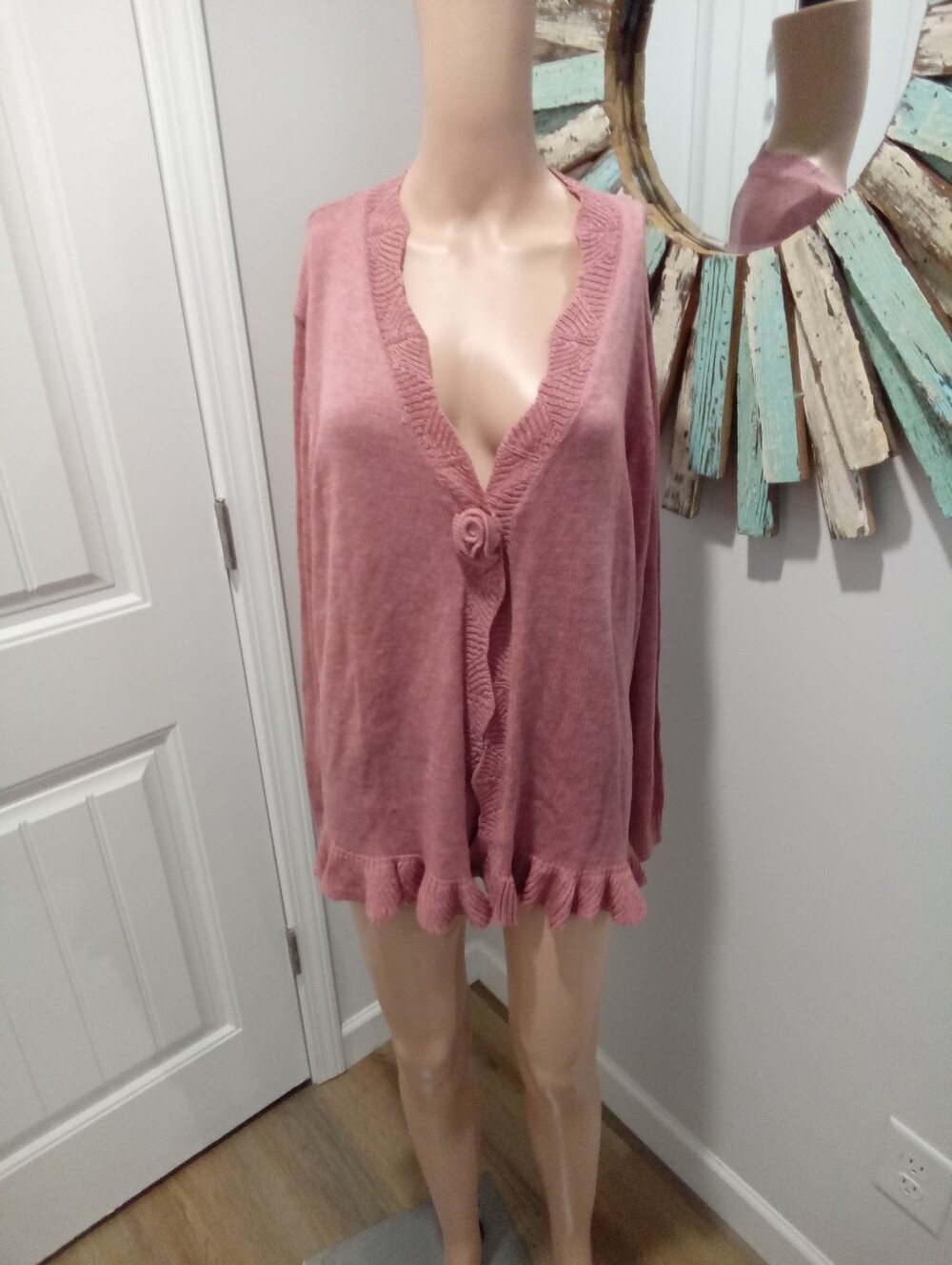 BloomChic Sz 12 NWT Pink Ruffled Rosette Knit Wool Blend Cardigan Sweater - Picture 2 of 13